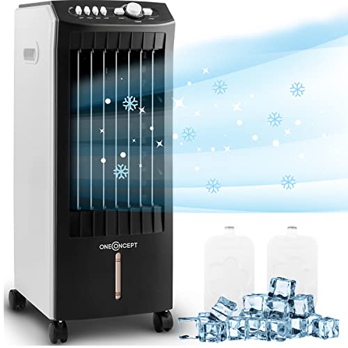 oneConcept 65W Luftkühler mit Wasserkühlung, Switch, 3-in-1 Verdunstungskühler, Luftbefeuchter & Ventilator, Mobile Klimageräte Luftkühler 7L, Leiser Air Cooler mit Bodenrollen, 2 Kühlpacks, 360m³/h