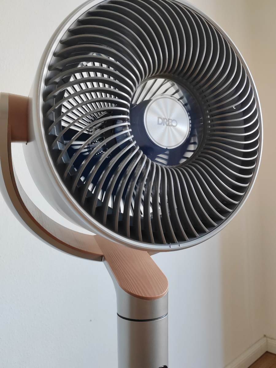 Rotor und Schutzgitter eines Standventilators aus der Nähe